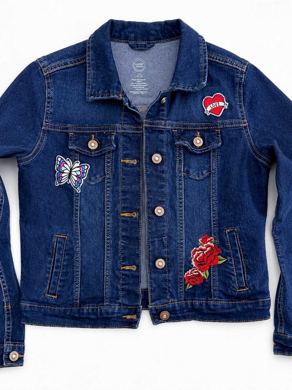 Wonder Nation Girls Denim Jacket Embroidered Patches Blue L 10-12